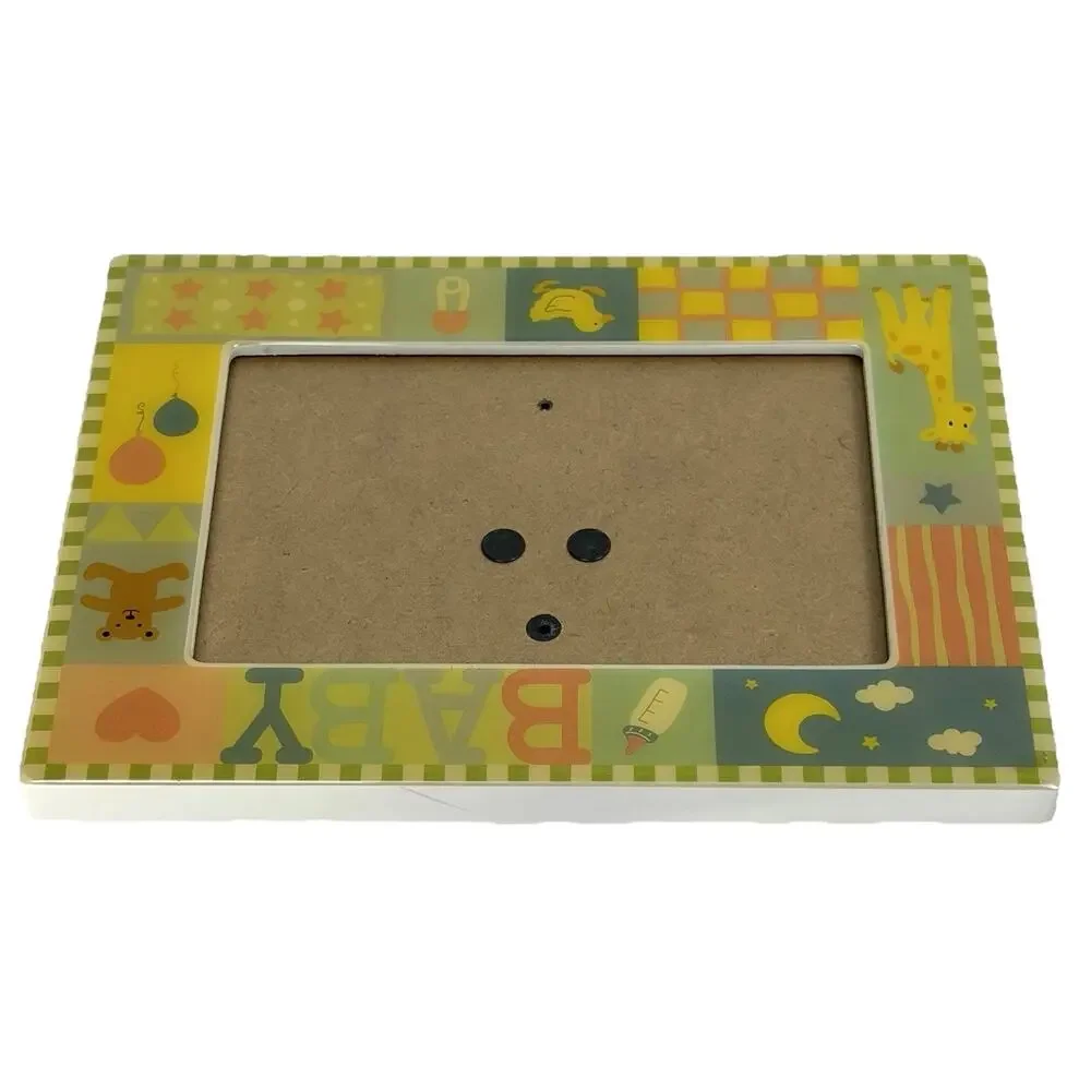 VTG Baby Picture Frame Pastel Boy Girl Teddy Bear Duck Moon Stars Checker 8x6”
